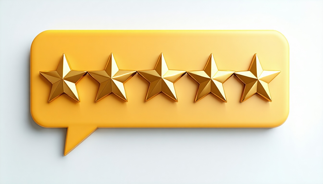 Please create a simple illustration of five gold stars in a row like a rating system sitting inside a speech bubble