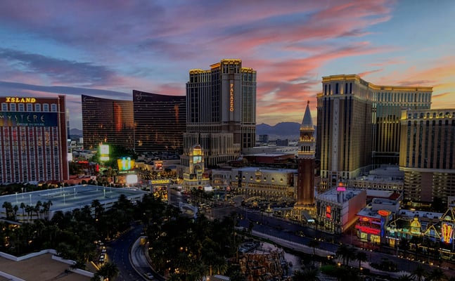 Airborne view of the Las Vegas Strip, including the Venetian Hotel.